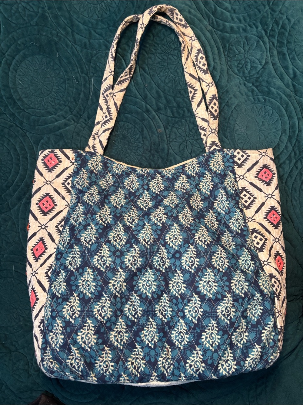 lovestitch Blue and White Patterned Shoulder Bag with Pink and Orange Tassels